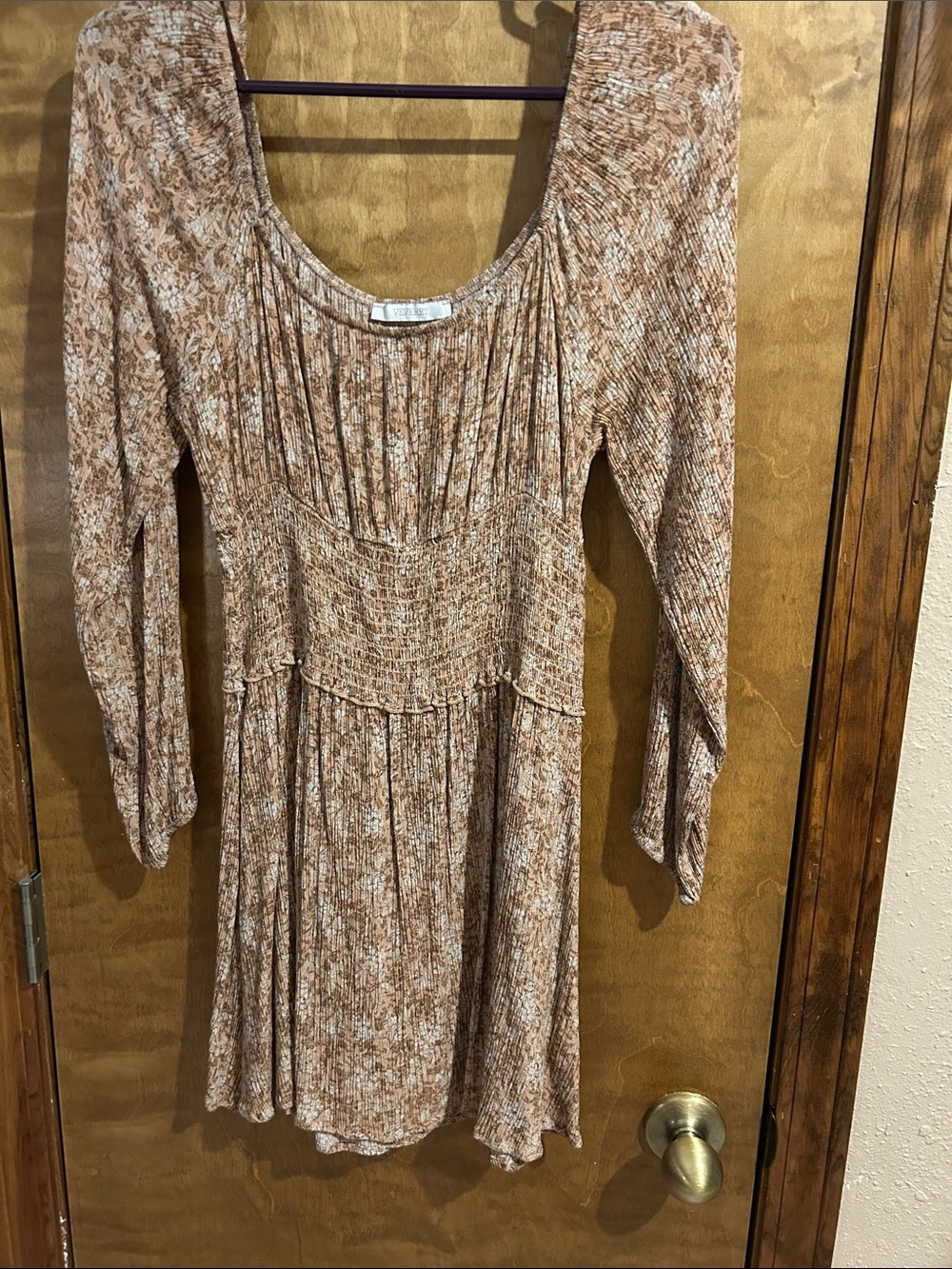 Women’s Scoop Neck Long Sleeve Brown Print Dress - Excellent Condition
